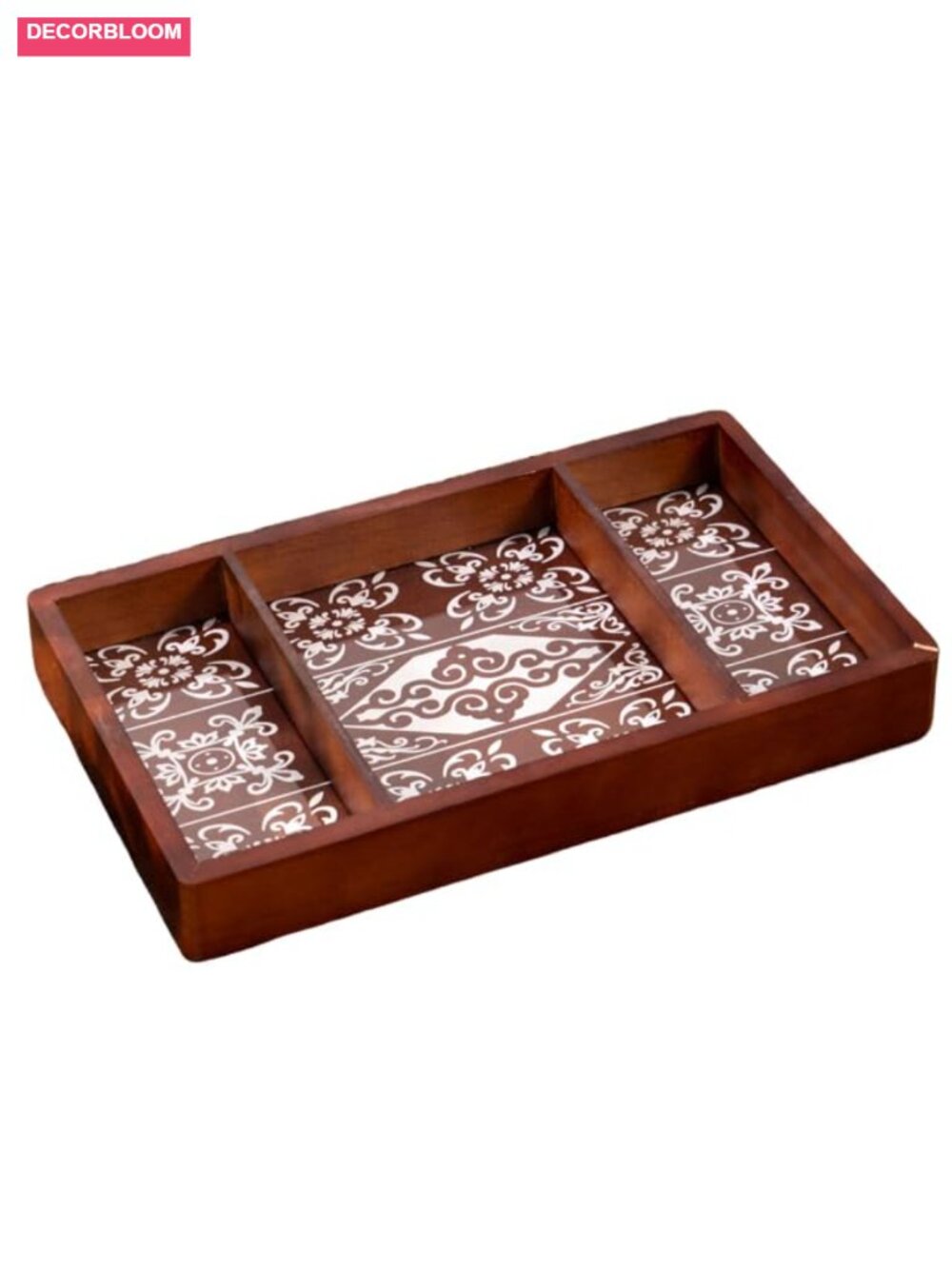 Wooden Serving Tray with 3 Compartments Moroccan Tile Pattern Divided Organizer